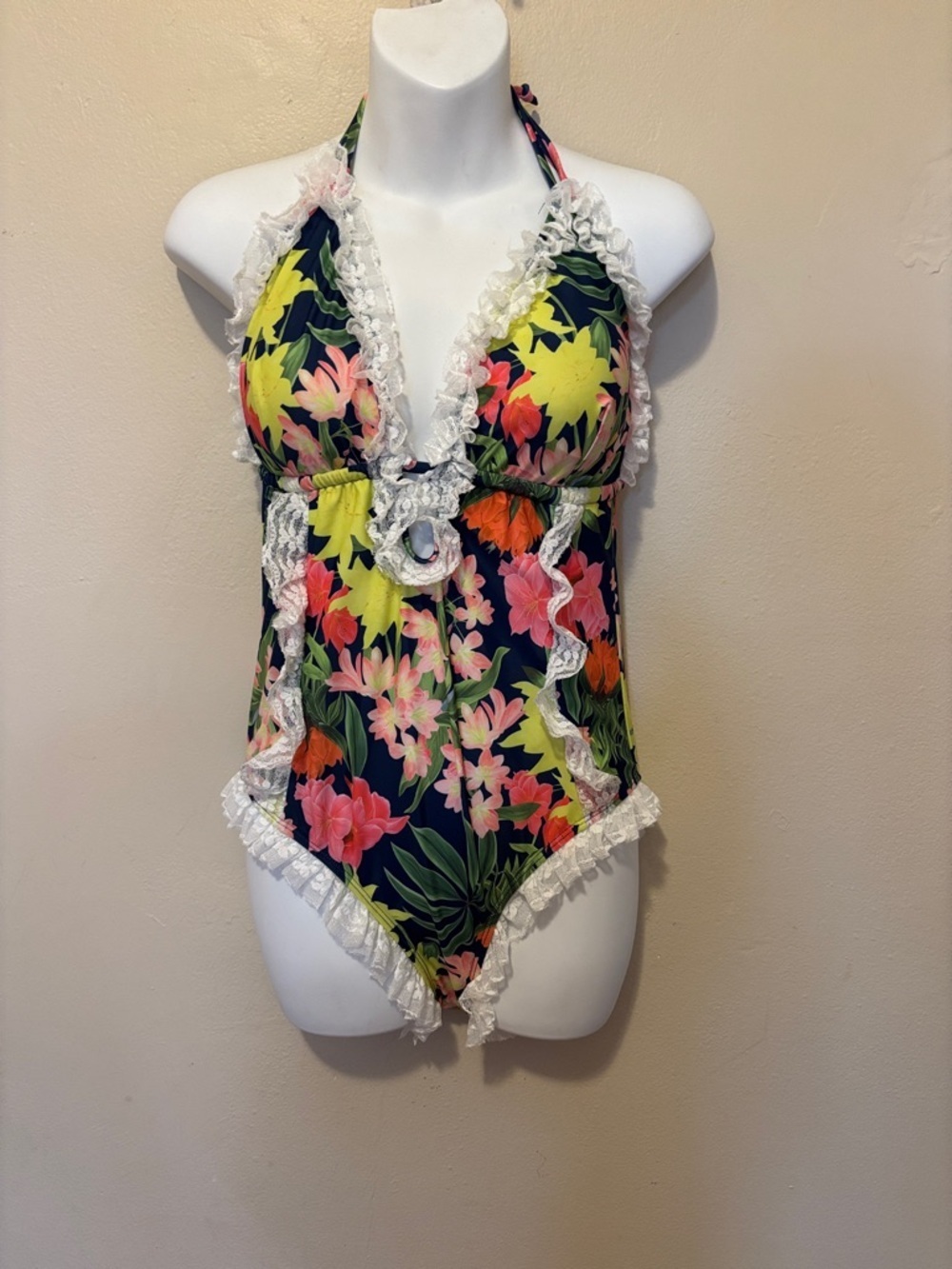 Floral Ruffle Halter Kids One-Piece Swimsuit - Navy with Pink & Yellow Flowers